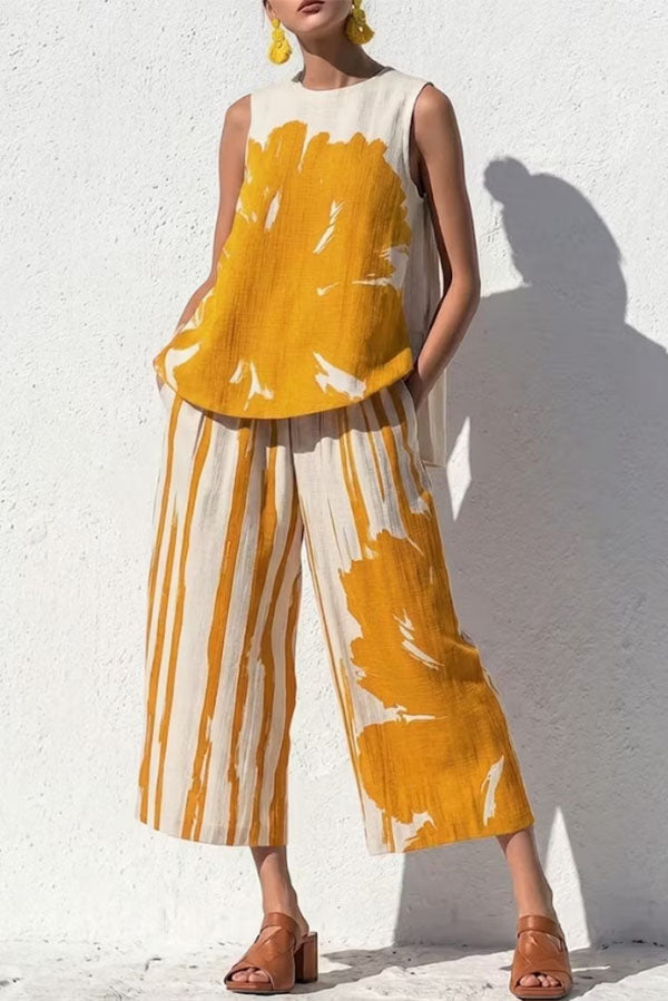 Abstract Brushstroke Sleeveless Tunic & Cropped Pant Set