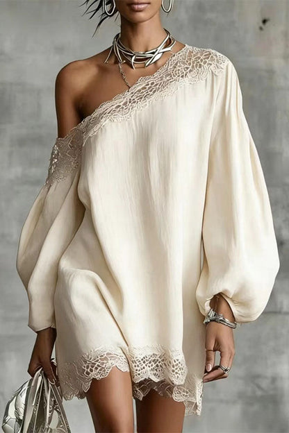 One-Shoulder Lace Trim Mini Dress