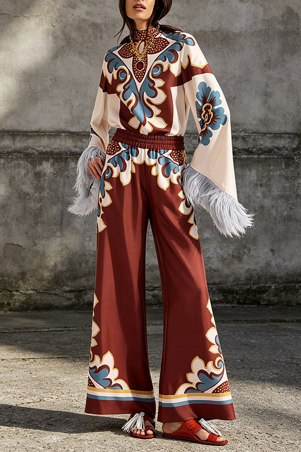 Bohemian Dreams Unique Print High Neck Feather Trim Bell Sleeve Top