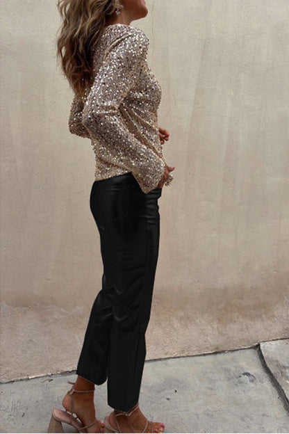 Lilipretty Lilipretty Sinclair Metallic Faux Leather High Rise Pocketed Straight Pants