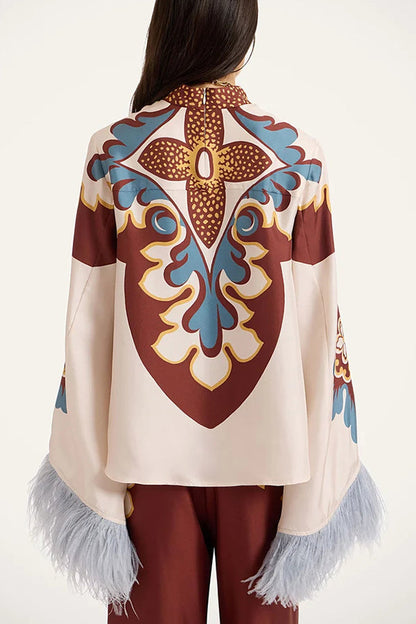 Bohemian Dreams Unique Print High Neck Feather Trim Bell Sleeve Top