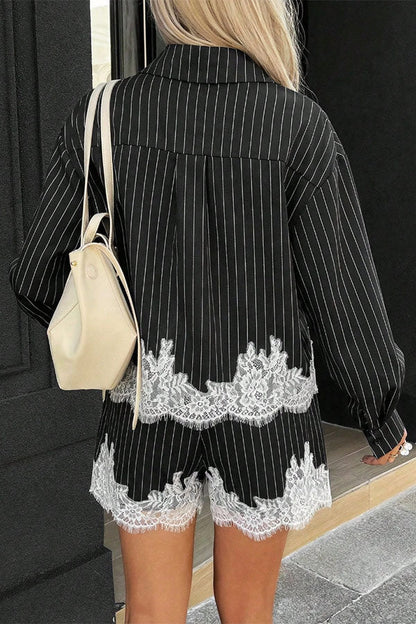 Anna  Lace-trimmed Striped Shirt and Shorts Set