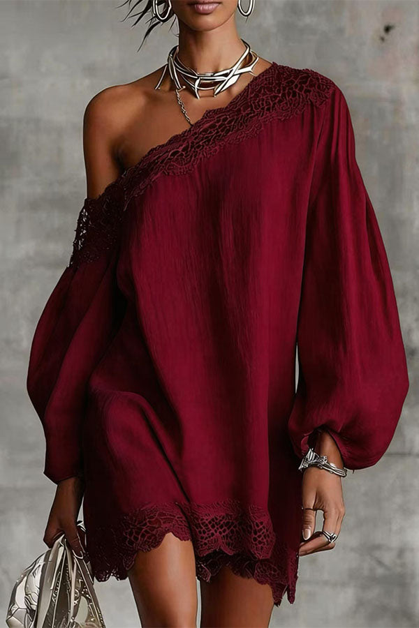 One-Shoulder Lace Trim Mini Dress