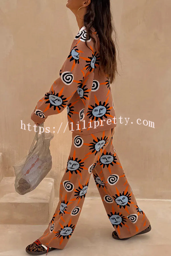 Mediterranean Art Knit Unique Sun Vortex Print Long Sleeve Relaxed Sweater