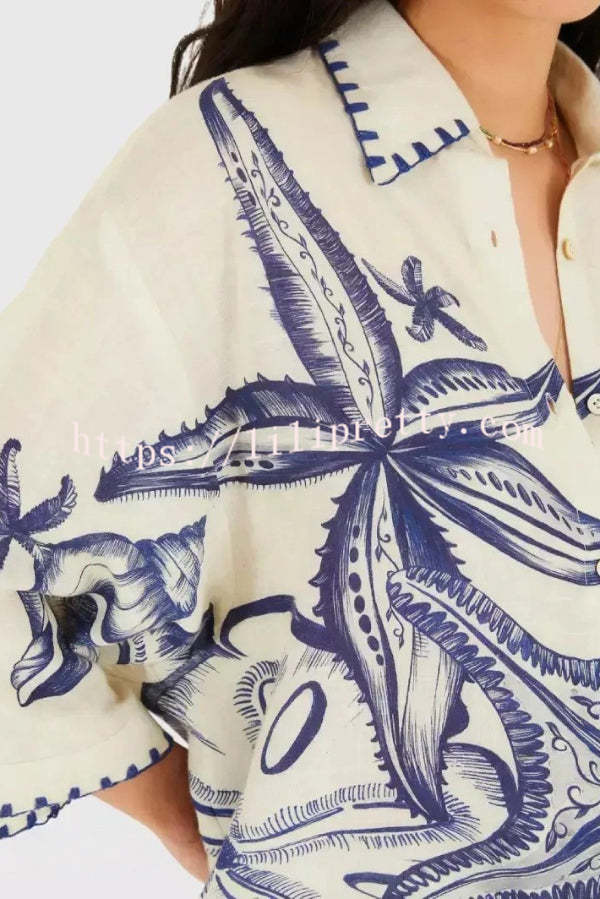 Linen Blend Starfish Print Collared Loose-fitting Shirt and Elastic Waist Casual Pocket Shorts Set