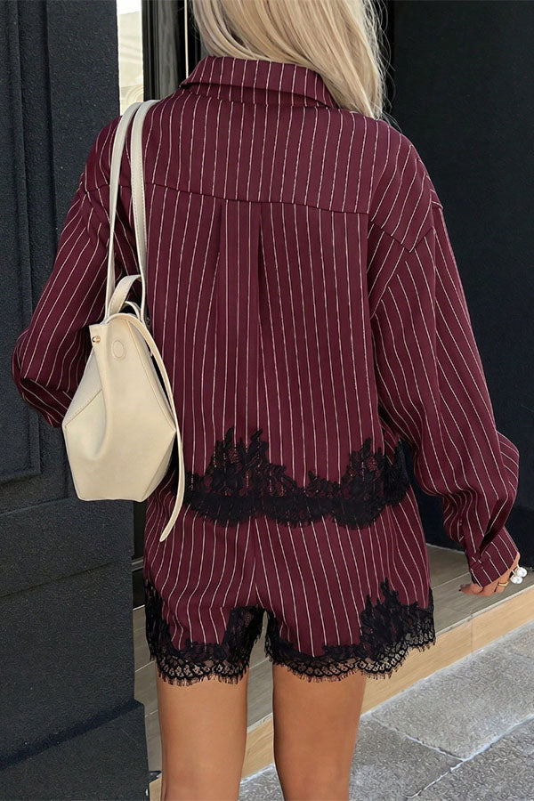 Anna  Lace-trimmed Striped Shirt and Shorts Set