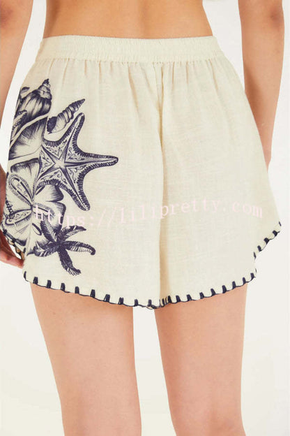 Linen Blend Starfish Print Collared Loose-fitting Shirt and Elastic Waist Casual Pocket Shorts Set