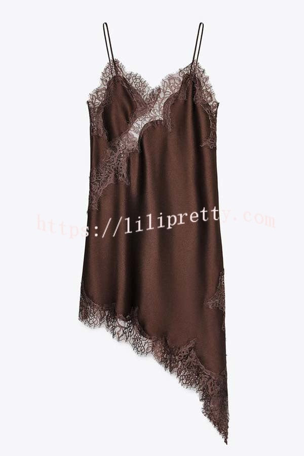 Elouise Satin Lace Trim V-neck Asymmetrical Hem Slip Mini Dress