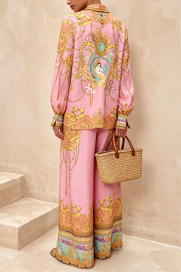 Mermaid Motel Unique Print Long Sleeve Loose Shirt and Elastic Waist Pants Set