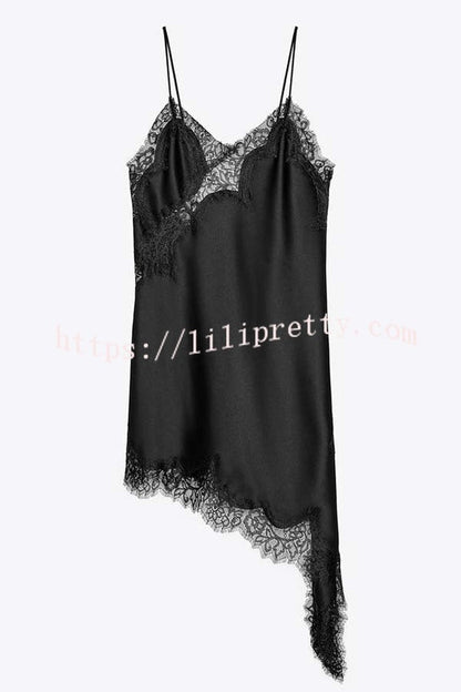Elouise Satin Lace Trim V-neck Asymmetrical Hem Slip Mini Dress