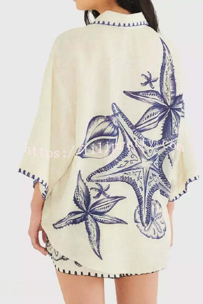 Linen Blend Starfish Print Collared Loose-fitting Shirt and Elastic Waist Casual Pocket Shorts Set