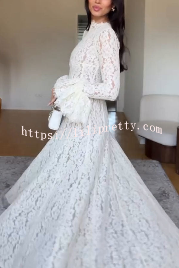Nasrin Floral Lace Mock Neck Long Bell Sleeve Pleated Hem Maxi Dress