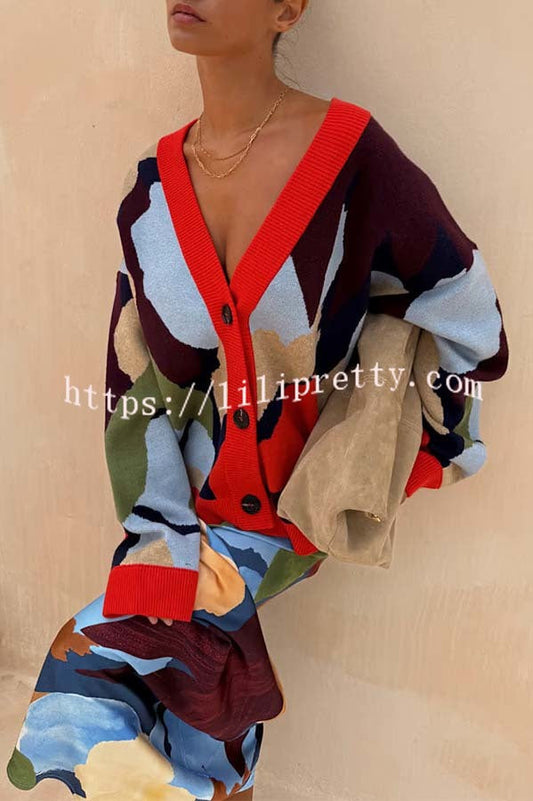 Bright and Bold Knit Abstract Color Blocks Button Long Sleeve Loose Cardigan