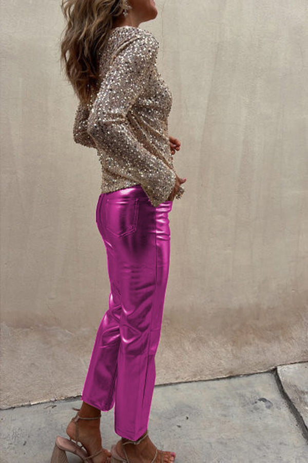Lilipretty Lilipretty Sinclair Metallic Faux Leather High Rise Pocketed Straight Pants
