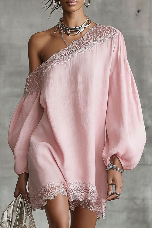 One-Shoulder Lace Trim Mini Dress
