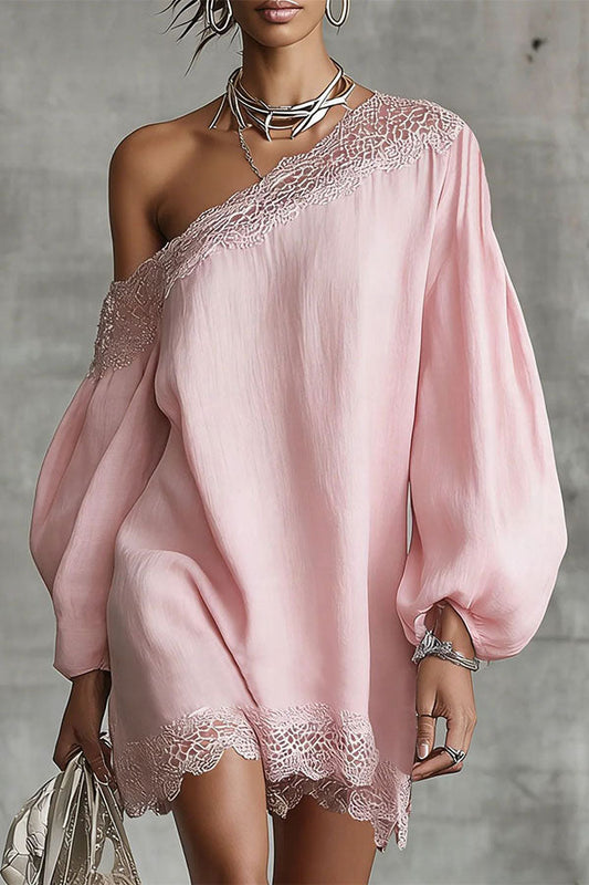 One-Shoulder Lace Trim Mini Dress