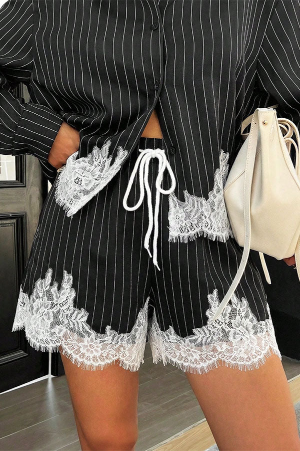 Anna  Lace-trimmed Striped Shirt and Shorts Set