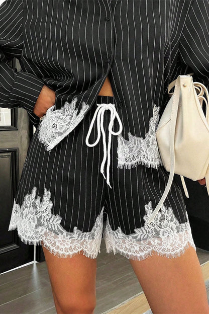 Anna  Lace-trimmed Striped Shirt and Shorts Set