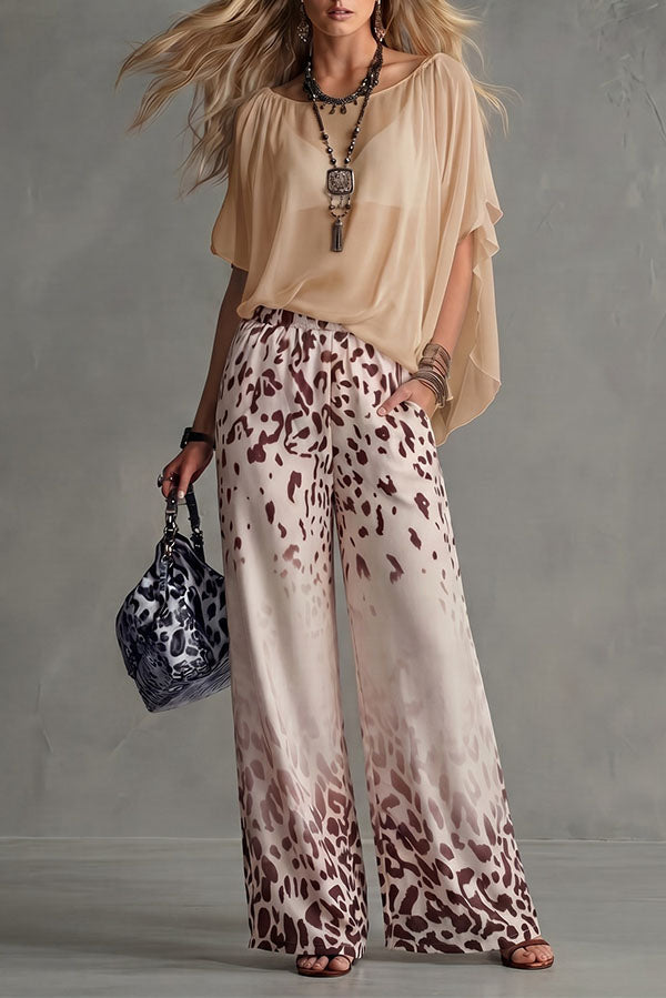 Safari Glam Draped Blouse & Ombre Leopard Wide-Leg Trousers Set