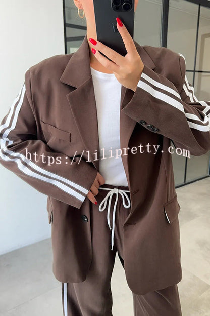 Levvie Striped Trim Long Sleeve Lapel Blazer and Rope Belt Pocketed Wide Leg Pants Set