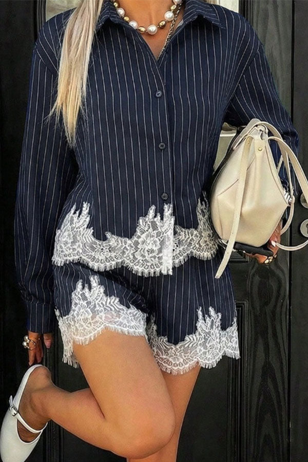 Anna  Lace-trimmed Striped Shirt and Shorts Set