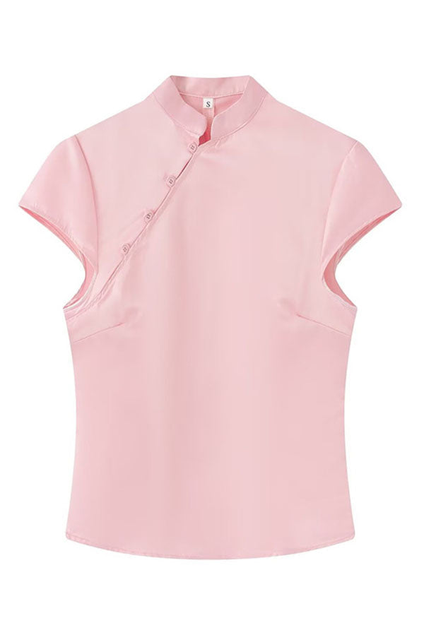 Aurelia Vintage-Inspired Side-Button Mandarin Blouse