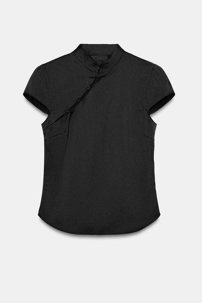 Aurelia Vintage-Inspired Side-Button Mandarin Blouse