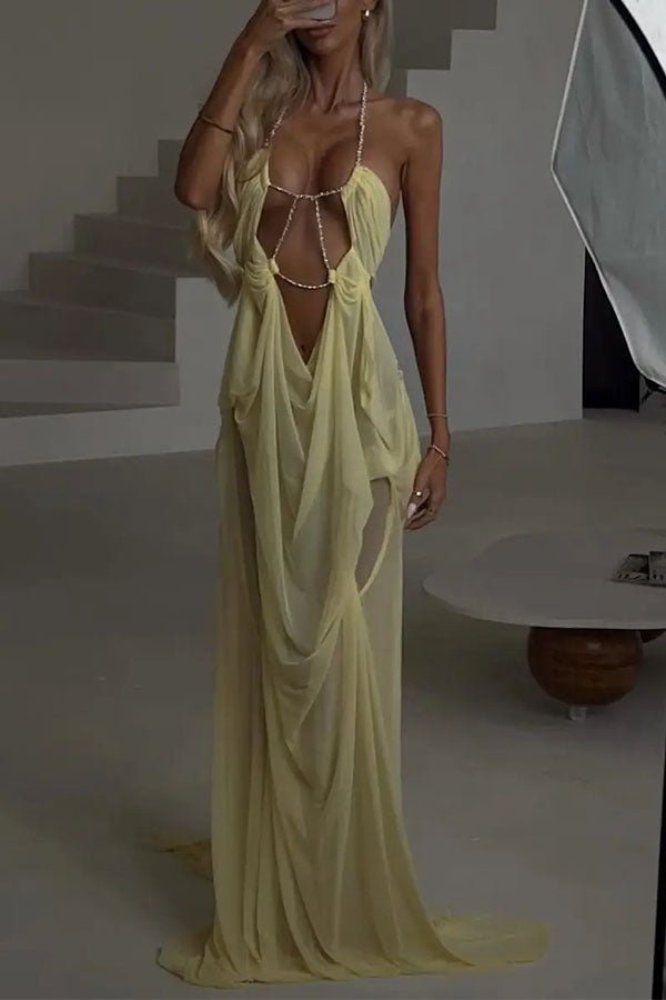Island Muse Sheer Draped Cutout Maxi Dress