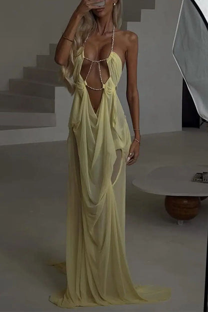Island Muse Sheer Draped Cutout Maxi Dress