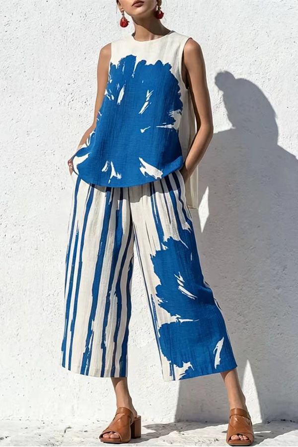 Abstract Brushstroke Sleeveless Tunic & Cropped Pant Set