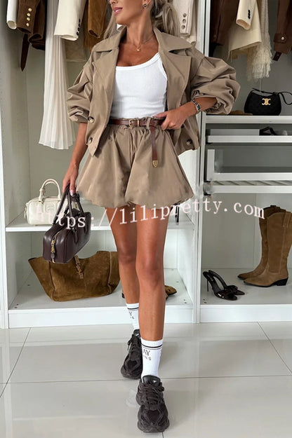 Fashion Style Button Long Balloon Sleeve Pocket Lapel Casual Bomber Jacket