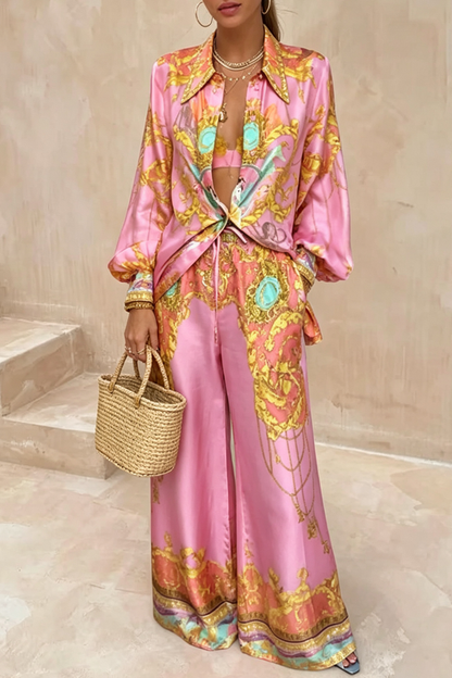 Mermaid Motel Unique Print Long Sleeve Loose Shirt and Elastic Waist Pants Set