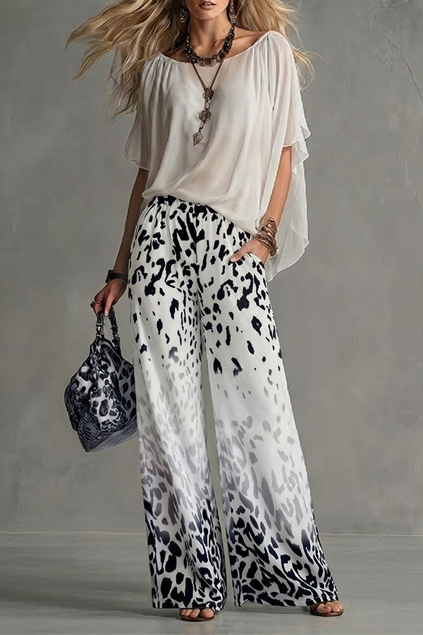 Safari Glam Draped Blouse & Ombre Leopard Wide-Leg Trousers Set