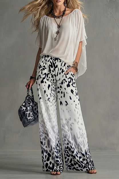 Safari Glam Draped Blouse & Ombre Leopard Wide-Leg Trousers Set