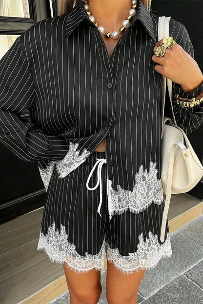 Anna  Lace-trimmed Striped Shirt and Shorts Set