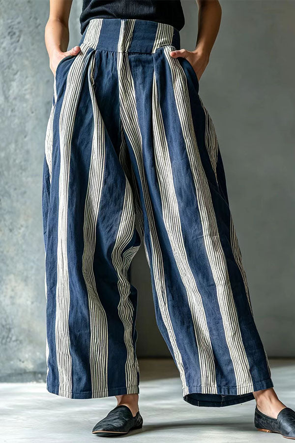 Casual Boho Linen-Blend Striped Wide Leg Pants