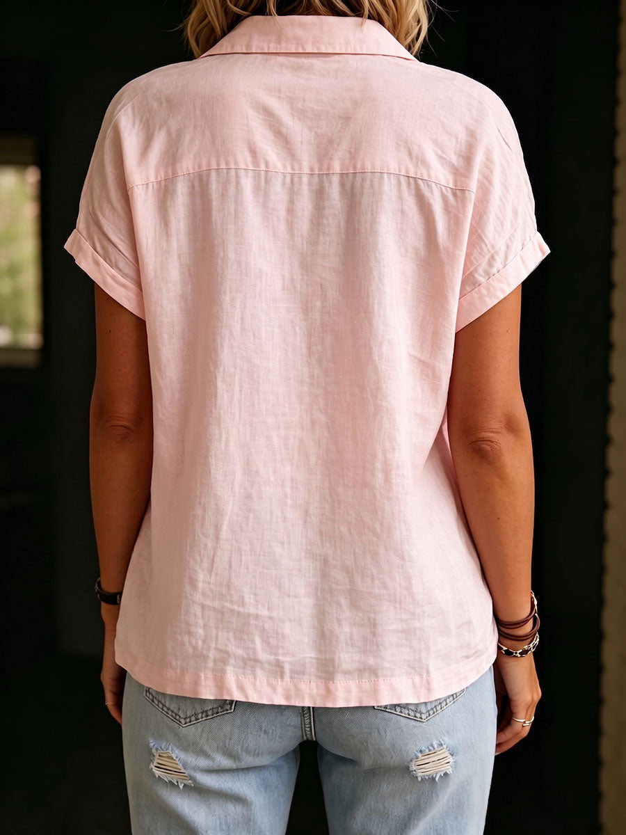 Women's Solid-color Lapel Short-sleeve Loose-fit Cotton-linen Casual Top