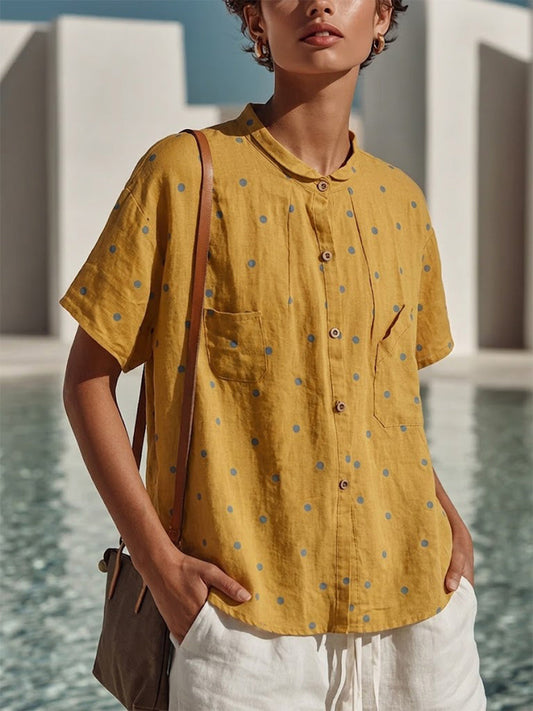 Polka Dot Linen-cotton Short Sleeve Shirt