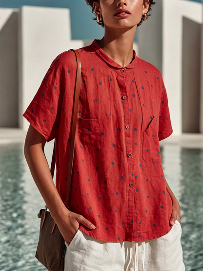 Polka Dot Linen-cotton Short Sleeve Shirt