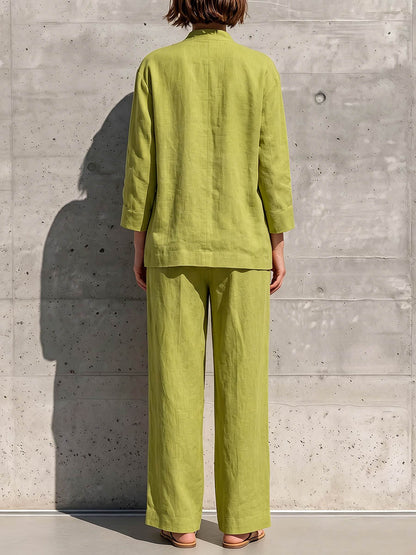 Women's Solid-color Cotton-linen Set: Loose Long-sleeve Crew-neck Top & High-waisted Wide-leg Pants