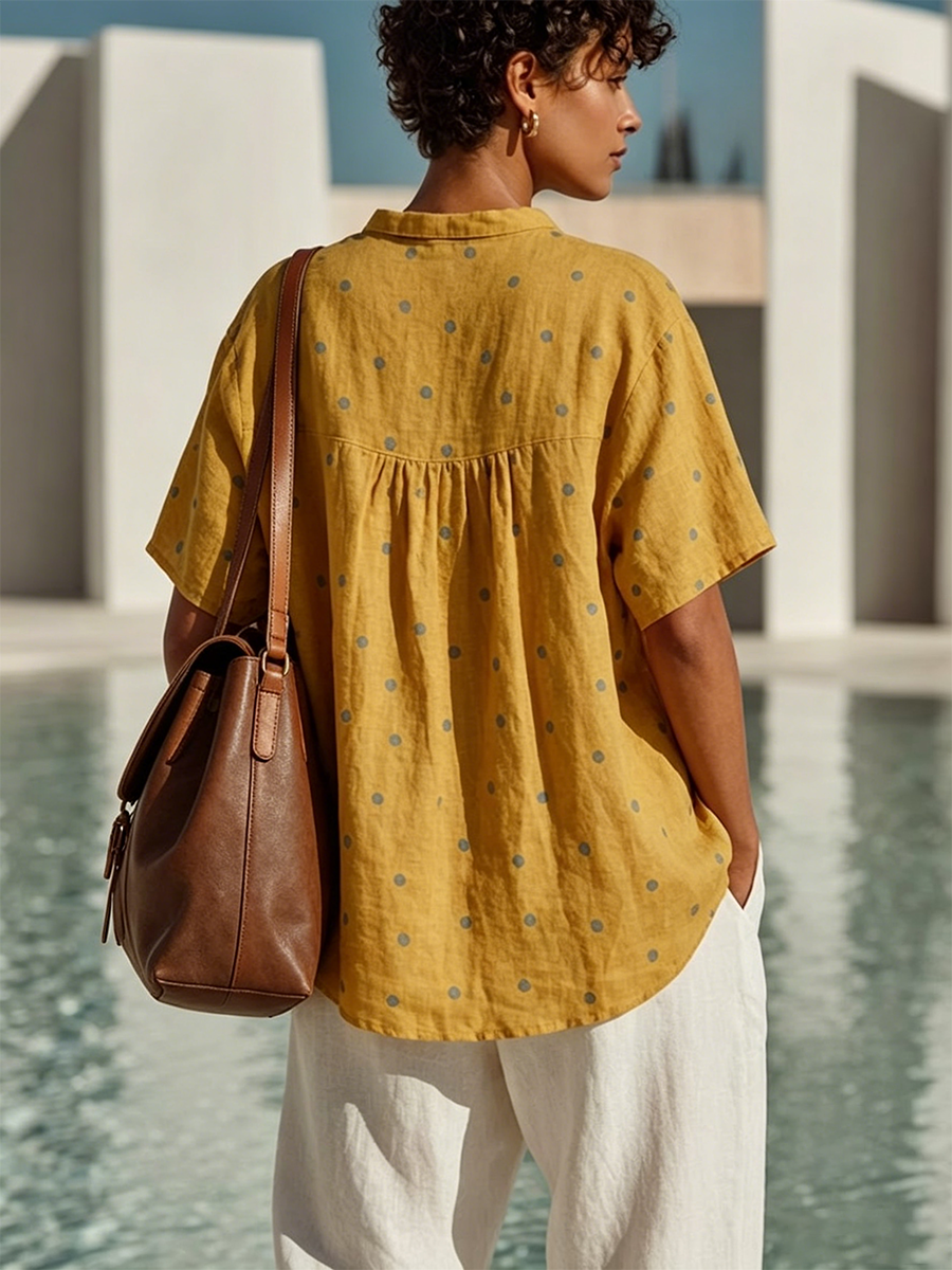 Polka Dot Linen-cotton Short Sleeve Shirt