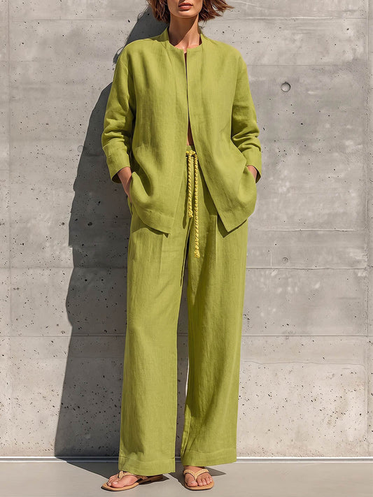 Women's Solid-color Cotton-linen Set: Loose Long-sleeve Crew-neck Top & High-waisted Wide-leg Pants